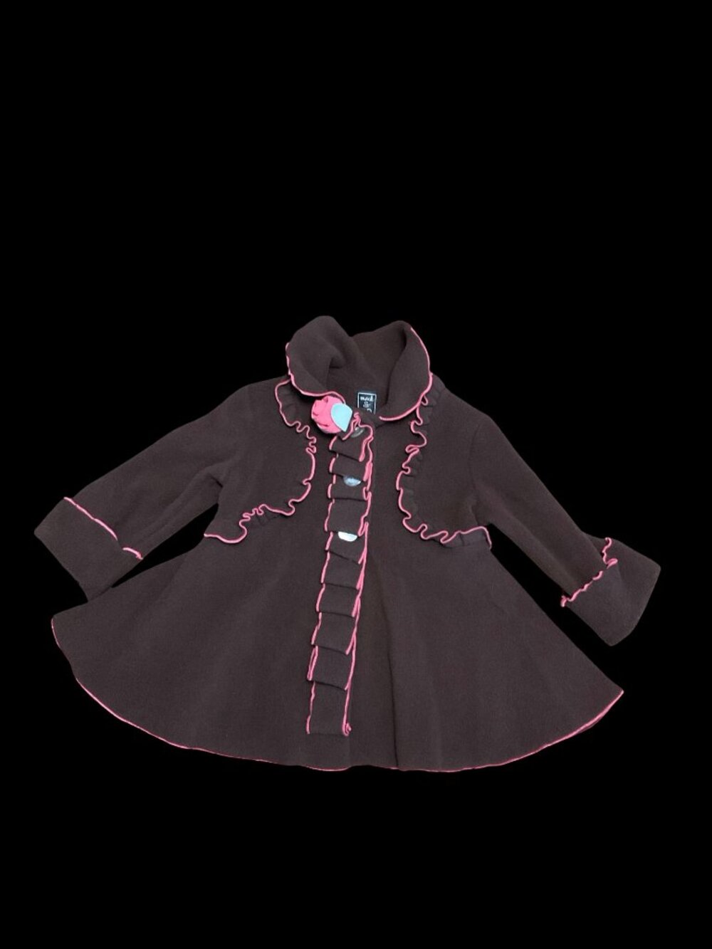 Brown/Pink Fleece Coat w/ Ruffle Details & 3D Rose